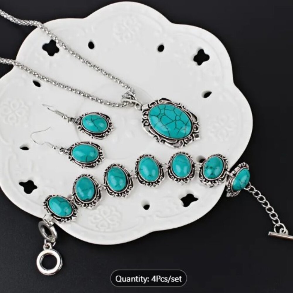 💥4pcs Boho Vintage Turquoise Jewelry Set - Zinc Alloy